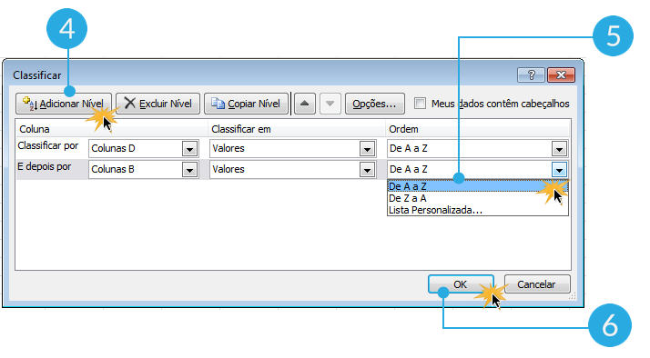 Exemplo de imagem dos passos 4,5 e 6 de como classificar dados em vários níveis.