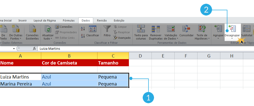 Exemplo de imagens dos passos para desagrupar subtotais no Excel 2010.