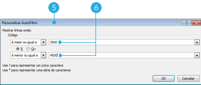 Exemplo de imagem dos passos 5, 6 e 7 para usar filtros avançados por número no Excel 2010.