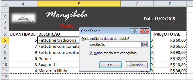 Exemplo de imagem da caixa de diálogo Criar Tabela no Excel 2010.