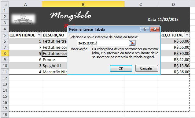 Exemplo de imagem da caixa de diálogo Ajustar o tamanho da tabela no Excel 2010.