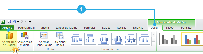 Exemplo de imagem do tipo de gráfico Alterar na guia Design do Excel 2010