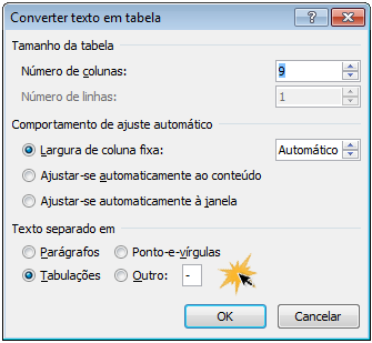 Caixa de diálogo, Converter texto em tabela