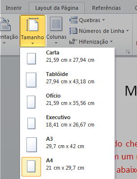 Configurar o tamanho da página