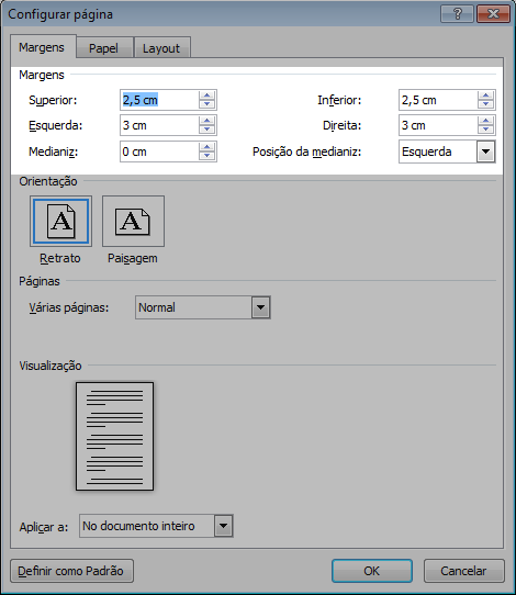 Caixa de diálogos para configura as páginas