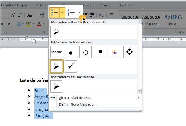 Incluir marcadores ou numeração