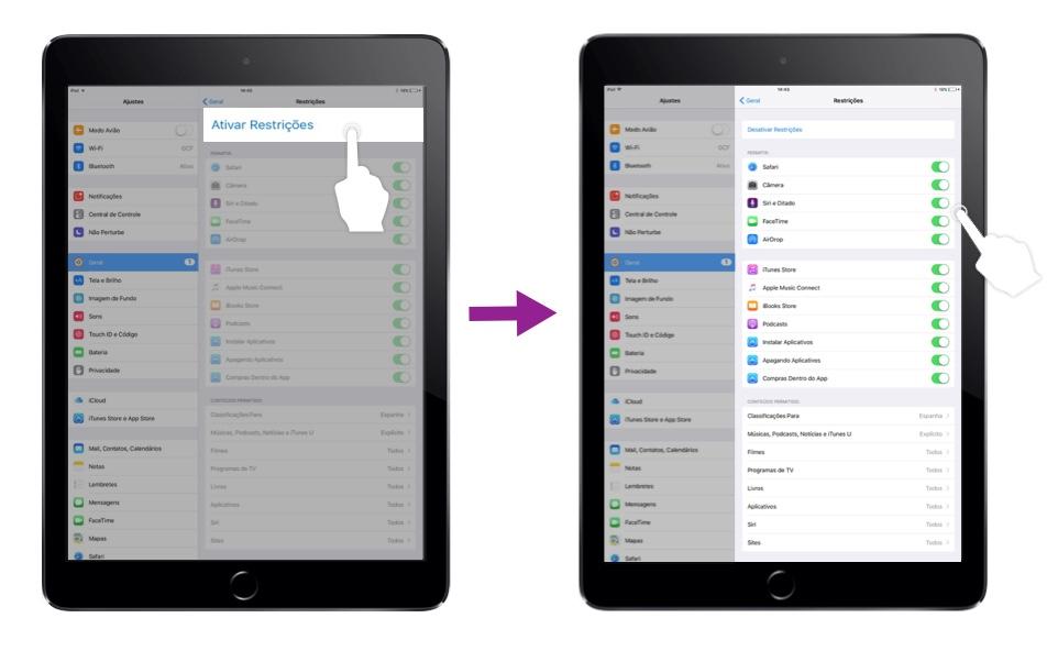 Ative ou desative as restrições que você quer no seu aparelho.