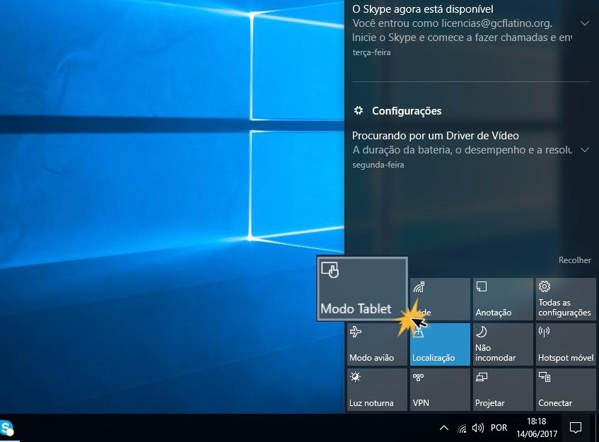 Na Central de ações selecione o Modo tablet.