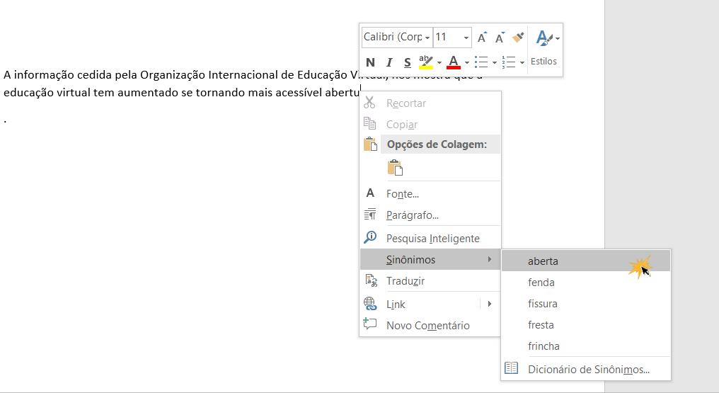 Como inserir um sinónimo usando o clique direito.