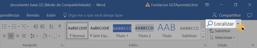 Função Localizar que está na faixa de opções do Word 2016.