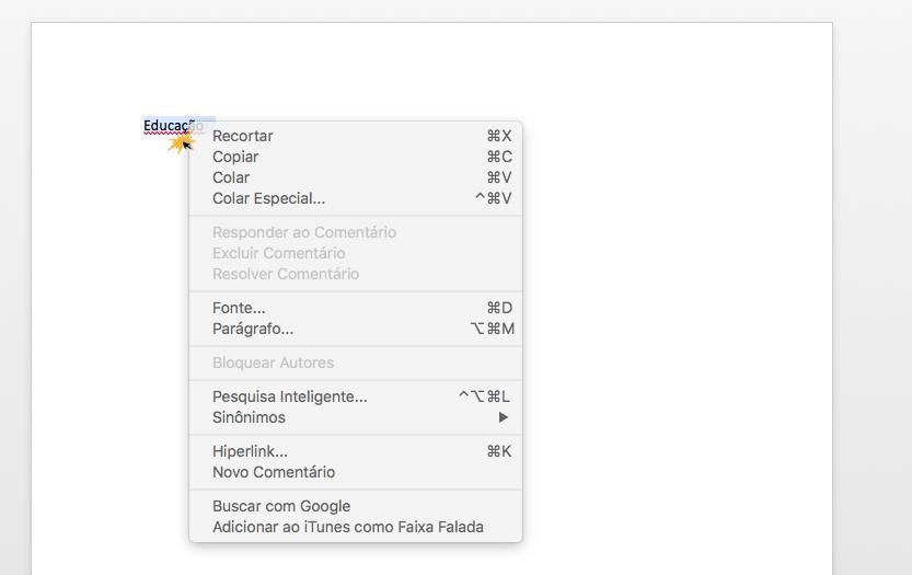 Menu do clic com mouse direito do Word 2016 para MacOS