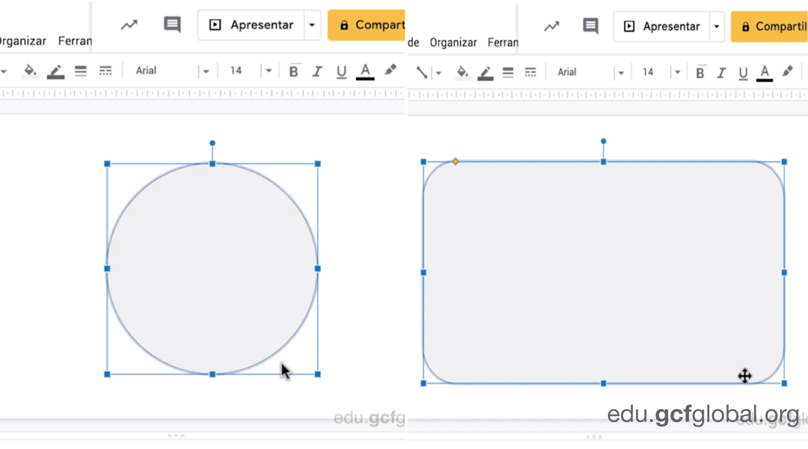 Imagens de elipse e retângulo de cantos arredondados em slides.