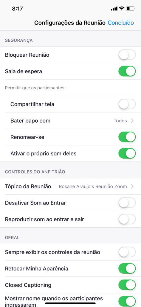 Imagem da opção Configurações de uma reunião do Zoom pelo celular