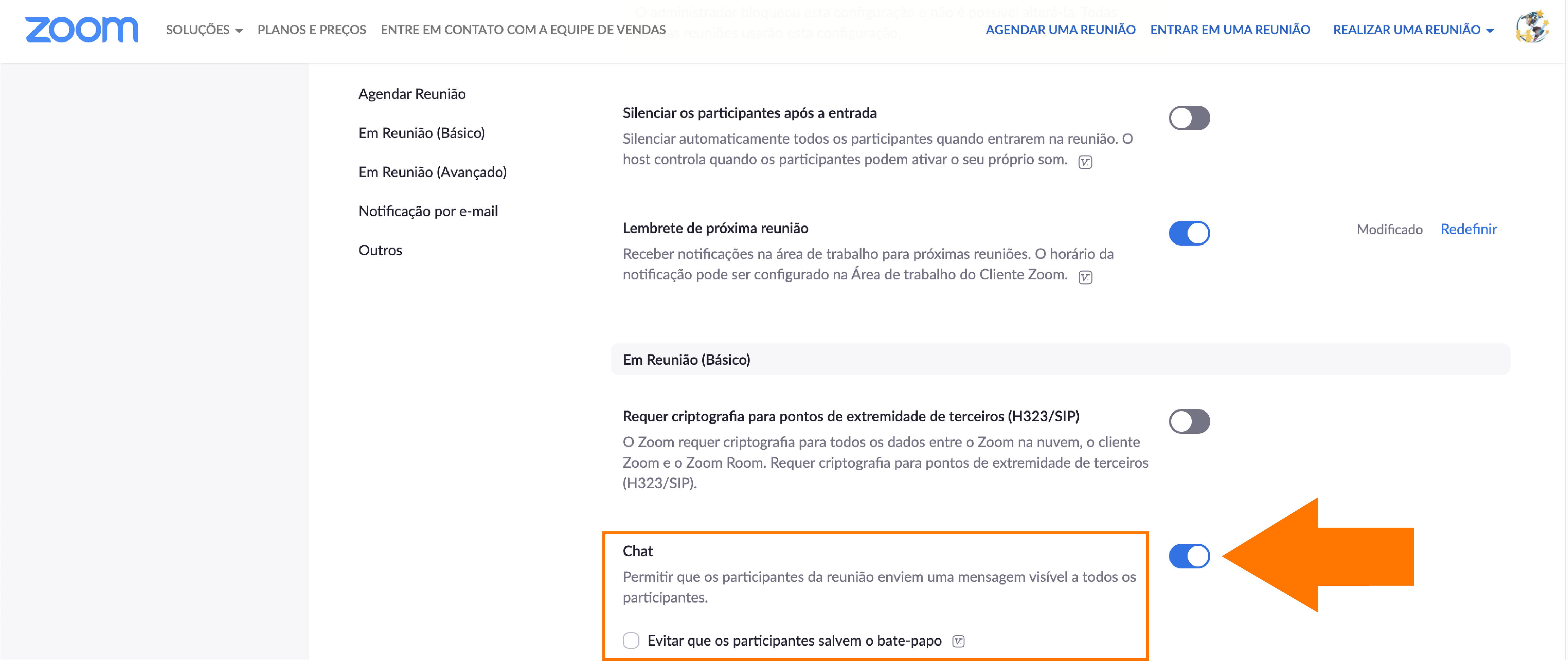 Imagem de como configurar o chat das reuniões do Zoom