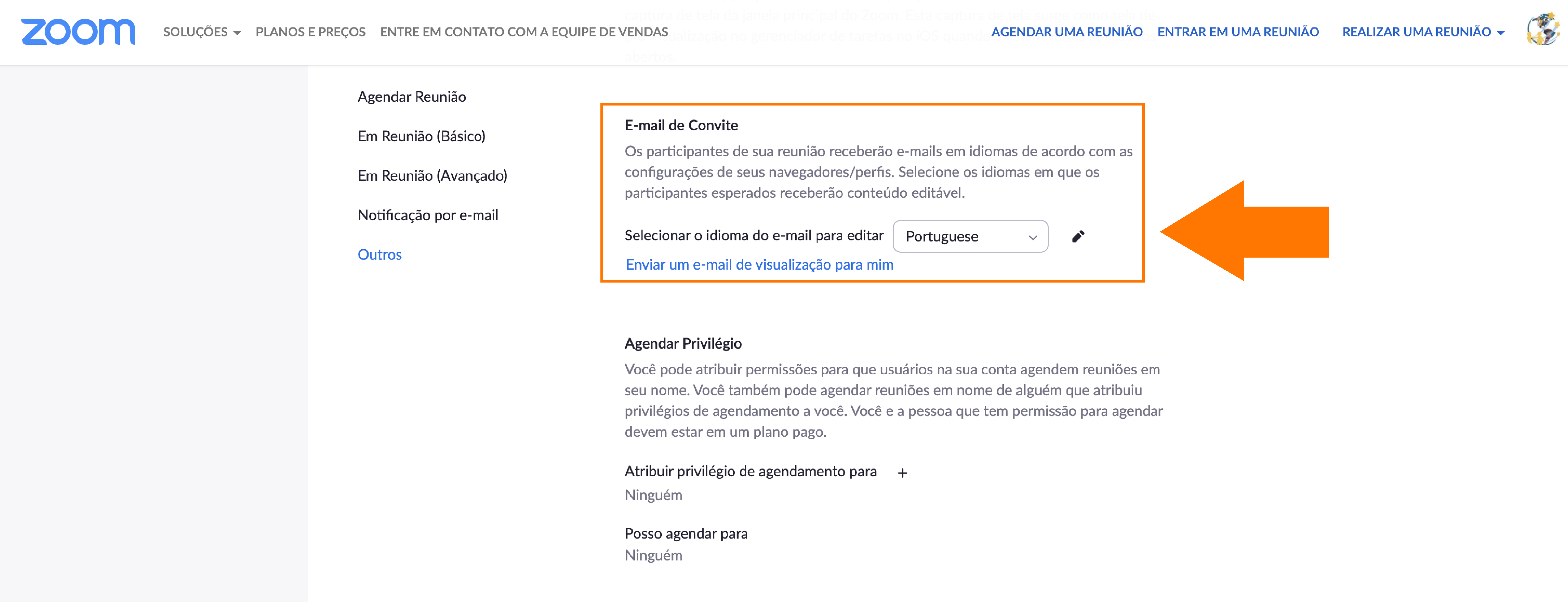 Imagem de como configurar o idioma do convite da sua reunião do Zoom